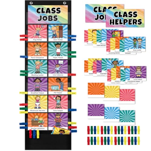 SCHOLOX Black Classroom Jobs Pocket Chart with 47 Cards, Classroom Management Tool