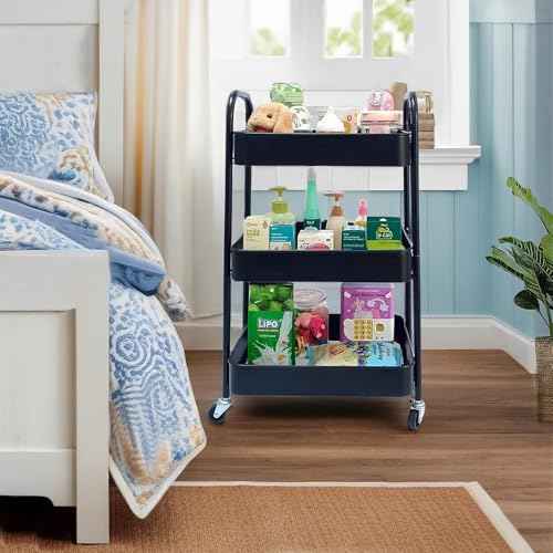 SETTFRFE 3 Tier Metal Utility Cart with Wheels,Rolling Storage Cart for Office,Bathroom,Dorm,Kitchen,Black