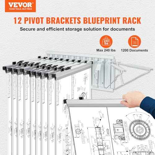 VEVOR Wall Mount Blueprint Storage Rack ? Holds up to 1200 Blueprints, Hanging Blueprint Holder with 12 Pivot Brackets, for 24", 30", 36", or 42" Clamps(Rack Only Without Clamps)- Heavy Duty(240lbs)