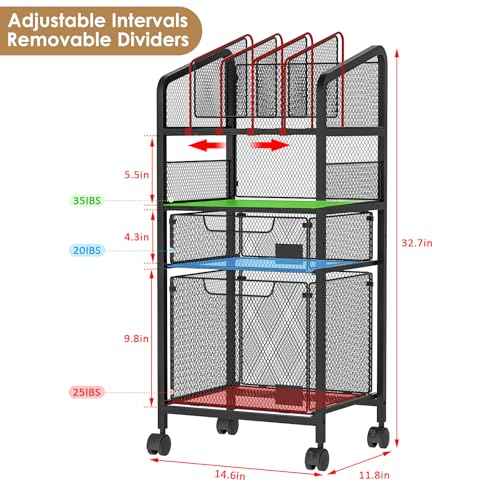 2 Drawer File Cabinet with Adjustable Dividers - 4-Tier Mobile Vertical Filing Cabinet on Lockable Wheels,Hanging File Organizer Cart for Letter-Size,Rolling Utility Cart for Home Office