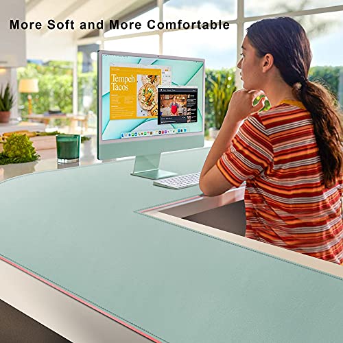 Vyaaa L-Shaped Leather Desk Pad, Two Tone Gaming Mouse Pad for Corner Desk Mat, Office and Home, 43 x 43 x 15.7 Inch, Pink and Green