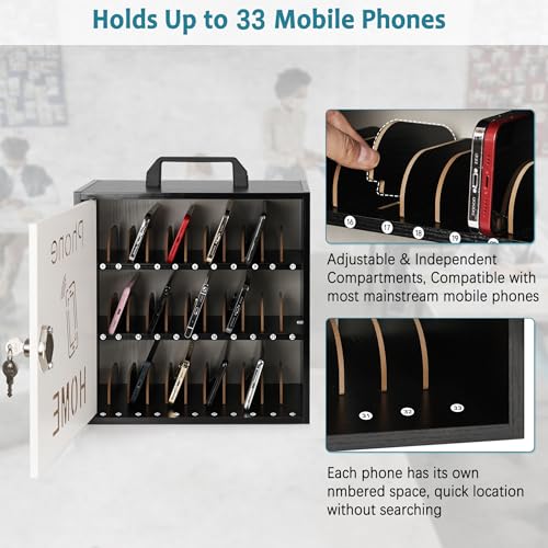 Wooden Phone Lock Box, Cell Locker with 33 Adjustable Dividers