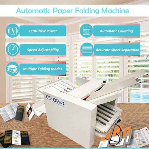 Automatic Paper Folding Machine, Electric Paper Folder with 4 Trays, Fold Sizes 2x3in to 12x27in, Adjustable Speed Max 262ft/min, for Folding Manuals Document Business Letters 110V