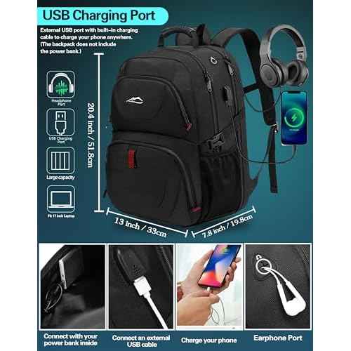ProEtrade Travel Backpack, Extra Large Laptop Backpack School Business Anti Theft TSA Approved College Work Computer Bag Fits 17 Inch Laptop with USB Charging Port Bookbag for Women Men(Black)