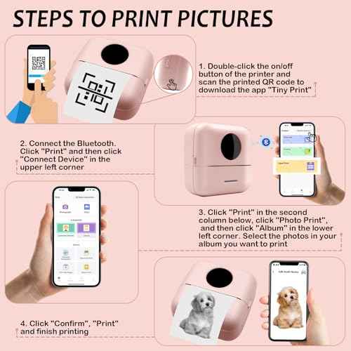 MXiiXM Mini Sticker Printer, Portable Pocket Smart Inkless Thermal Printer with 13 Roll Papers, Bluetooth Mini Printer for Notes, Photos, Stickers, Labels, Receipts (Pink)
