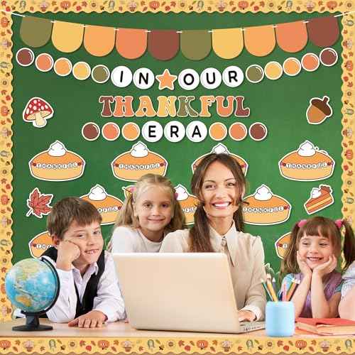 152Pcs Thanksgiving Bulletin Board Decoration Set, in Our Thankful Era Pumpkin Pie Cutouts Kids DIY Photo Craft Fall Border Trims Thanksgiving Classroom Chalkboard Supplies Wall Decor
