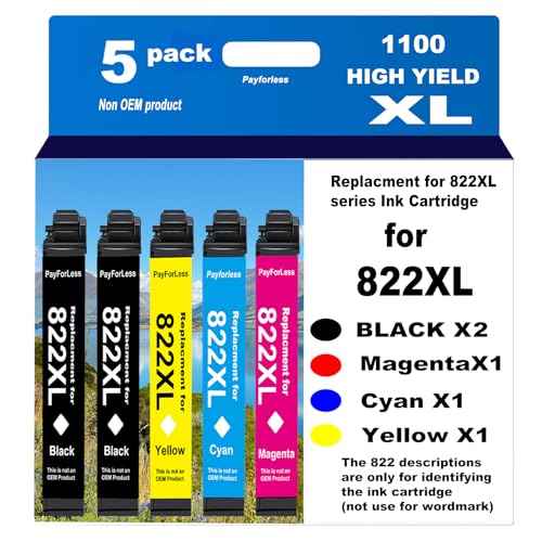 822XL Remanufactured for Epson 822XL Ink Cartridges Combo Pack for 822 T822 XL for Workforce Pro WF-3820 WF-3823 WF-4820 WF-4830 WF-4833 WF-4834 Printer 5 Pack 2 Black 1 Cyan 1 Magenta 1 Yellow