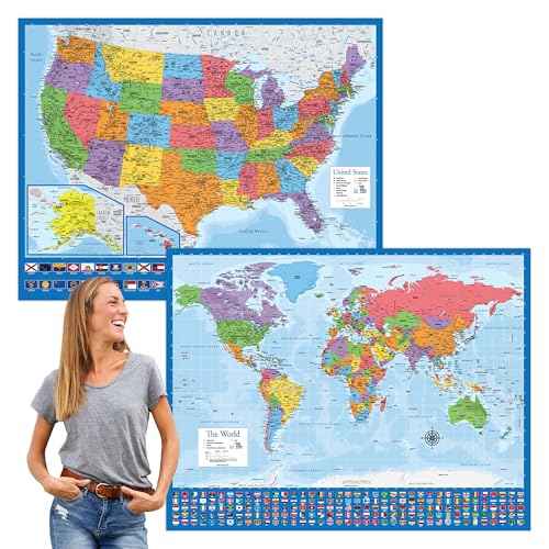 2 Pack - Giant World Map & US Map Poster Set - Extra Large Mega Chart of the World & United States - Laminated - 46" x 60" [Blue]