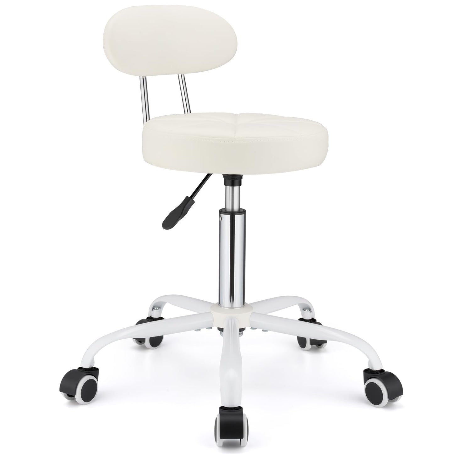 FNZIR PU Leather Rolling Stool with Back Support Height Adjustable Swivel Stool Chair with Wheels Drafting Chair for Spa Slaon Massage Stable Base Foot White