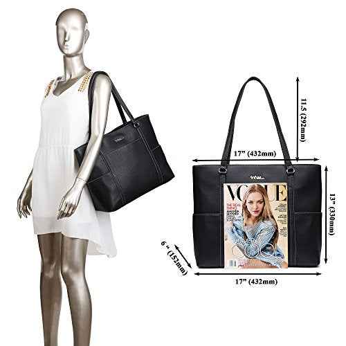 Classic Laptop Leather Tote Bag for 15 15.6 inch Notebook Computers Travel Carrying Bag with Smart Trolley Strap Design - Black