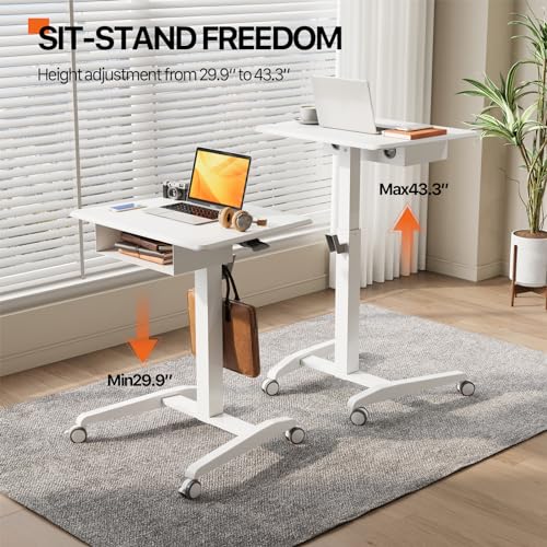 JOY worker 27.5" White Mobile Standing Desk with Drawer – Height adjustable, 360° wheels