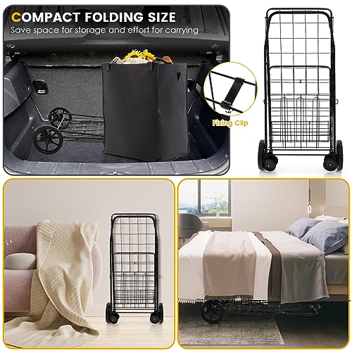 S AFSTAR Folding Shopping Cart with Wheels, 27 Gal Grocery Cart with Oxford Liner Bag & Double Basket, 330 LBS Weight Capacity, Portable Granny Cart Shopping Cart for Market Laundry (Black)