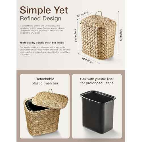 2 Gallons Wicker Waste Basket with Lid - Large Wicker Trash Can for Office - Waste Basket for Bedroom, Bathroom, Kitchen, Living Room - Boho Handwoven Trash Cans for Garbage (2 Gallons)