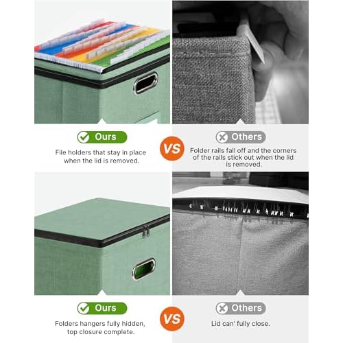 Oterri 2 Pack File Organizer Boxes with Lids, File Box with Mesh Pockets, Document Organizer Box for File Folders Letter Size, Zippers Filing Box for Home, Office, School (Green, Without Folders)