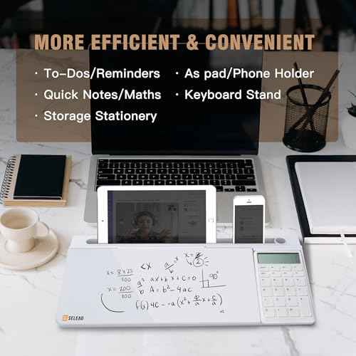 SELEAD Desktop Glass Whiteboard with Calculator & Built-in Mirror, Dry Erase White Board Computer Pad Keyboard Stand with Organizer Drawer, Desk Accessories for Home, School, Office