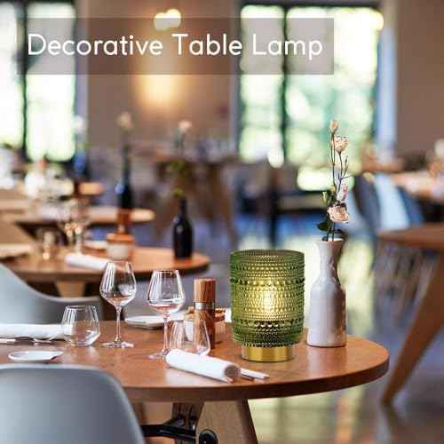 Battery Operated Lamp with Timer, Cordless Table Lamps for Room Decor,Small Table Lamp with LED Bulb, Glass Lamps Beside Table Light for Living Room,Bedroom (Green)