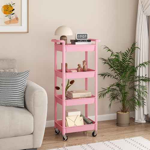 MIOCASA Utility Rolling Cart with Detachable Tray Top, 4-Tier Kitchen Storage Organization, Art Cart with Wheels for Office, Classroom, Livingroom, Kitchen, Bathroom