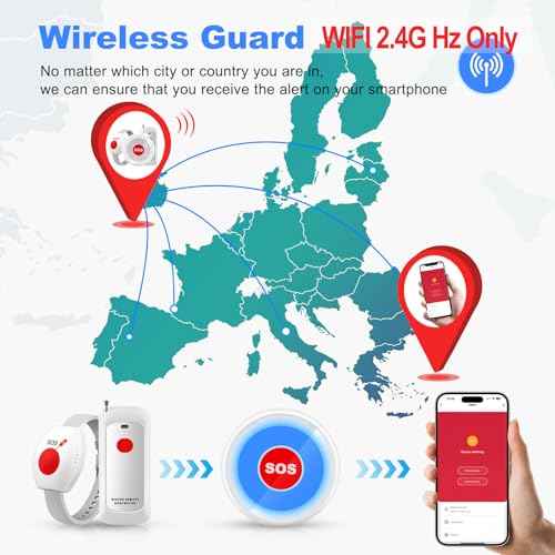 Caregiver Pager Life Alert Systems for Seniors No Monthly Fee Wi-Fi APP Control Elderly Alarm Call Button Panic Alarm for 1 Call Button 1 Watch Button 1 Receiver(Only Supports 2.4GHz Wi-Fi)