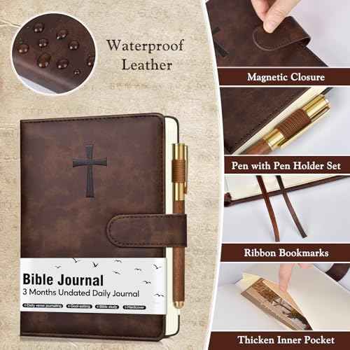 Leather Christian Bible Journal for Men, Prayer Journal for Scripture Study & Daily Devotional, Undated Church Notes Notebook, Jesus Religious Faith Gifts for Pastor, Graduation, Baptism, Brown