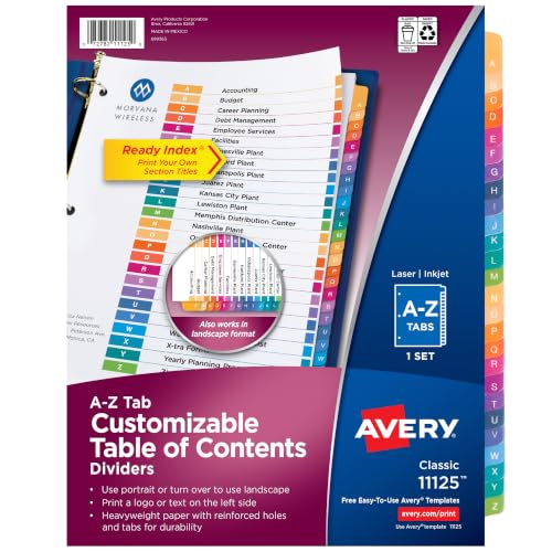 Avery A-Z Multicolor Table of Contents Dividers 26-Tab Set - 0.281H x 11L x 11W