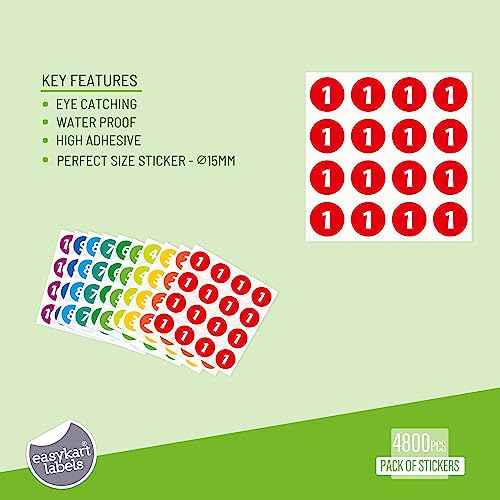 easykart labels 4800 PCS Consecutive Number Stickers 300 Sheets 1-10 Round ColLabels 0.5 Inch Round Self Adhesive Vinyl Number Decals for School, Office, Classroom, Inventory, Storage, Bins, Multi Col