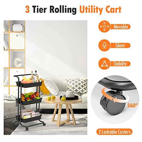 3-Tier Rolling Utility Cart with Wheels, Multi-Function Storage Cart with Lockable Wheels and Mesh Basket, Perfect for Use in Your Kitchen, Bathroom or Living Room or Balcony,Black