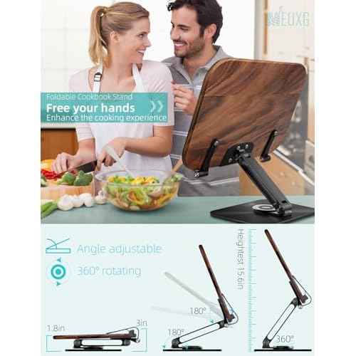 Book Stand for Reading, Book Holder, Foldable Cookbook Stand,Height Adjustable Recipes Book Holder,360¡Æ Rotating Base Laptop Stand,for Textbooks,Tablet,Book Page Holder,Made from Walnut Wood