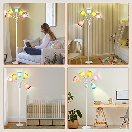 GyroVu Medusa LED Floor Lamp with 6 Color Tulip Shades, Adjustable Gooseneck, Tall Modern Standing Lamp for Living Room Bedroom Kids Room Office - White, Lampshades Included