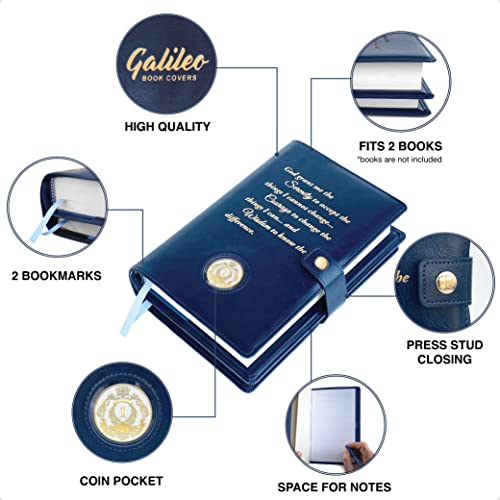 GALILEO¢ç Double AA Big Book Cover & 12 Steps & 12 Traditions | Perfect Gift | Alcoholics Anonymous | PU Leather | AA Book Covers for Hardcover | Serenity Prayer (Snap Button Closing/Navy Blue)