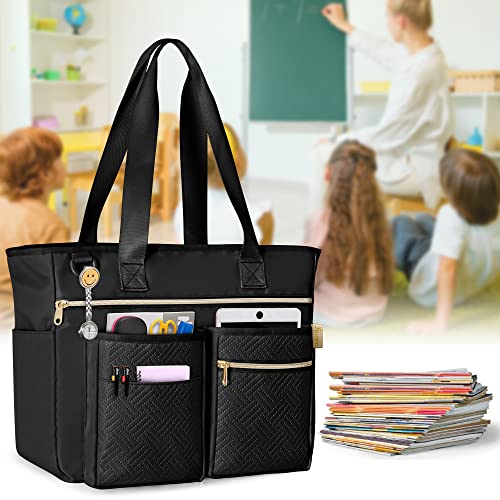 Fasrom Black Teacher Tote Bag for Women with 6 Exterior Pockets, 15.75in Laptop Sleeve