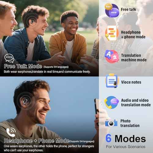 AI Translation Earbuds Real Time, Real Time Translator Headphones with 164 Languages & 7 Modes, Bluetooth 5.4 Translator Earbuds 36H Playback, Translate Ear Buds Device for Travel, Business Black