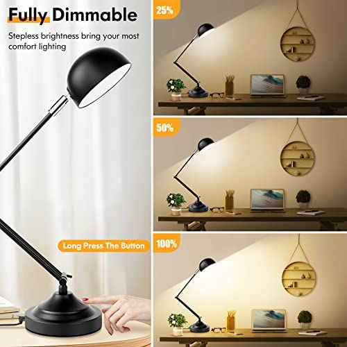 Touch Control LED Desk Lamp with USB Charging Port, Architect Black Metal Lamp with Adjustable Swing Arm, Dimmable Modern Table Lamp for Home Office Reading Study, 3000K/4000K/5000K 3 Color Modes