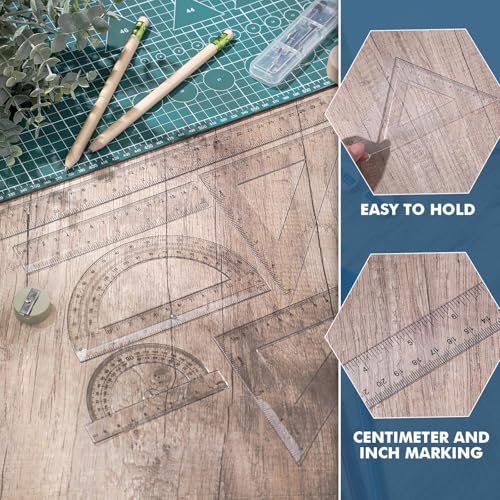 Tenare Clear Math Geometry Ruler & Protractor Set - 6 Pieces, Accurate & Durable