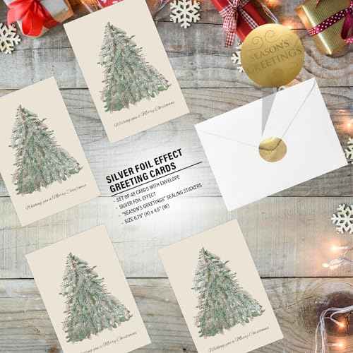 easykart labels Pack of 48 Luxury Christmas Cards Christmas Tree Design, 6.75 x 4.5 Inch Merry Christmas Cards with Seal Stickers For Friends, Family and loved Ones
