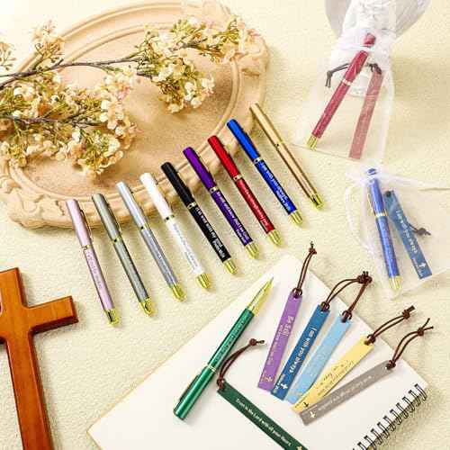 Spakon 50 Sets Christian Gifts for Women, Leather Christian Bookmarks Inspirational Religious Pens Motivational Scripture Bible Verse Bookmarks with Bag for Sunday School Church Teacher Employee Team
