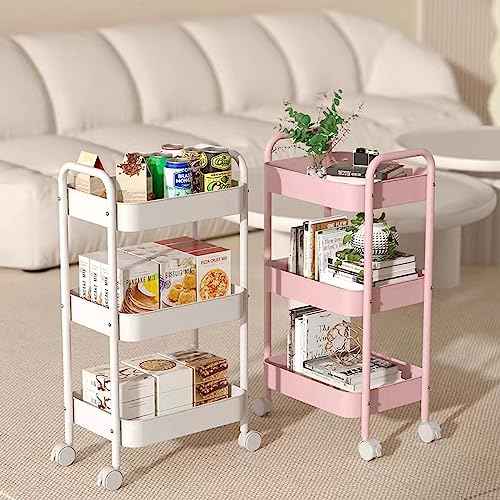XIUSHE 3-Tier Metal Utility Cart Rolling Storage Organizer, Portable and Sturdy, Ideal for Office, Kitchen, Bathroom, Kids' Room, Classroom, White