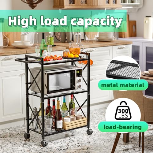 Simple Trending Rolling Cart, 3 Tier Bar Cart with Wheels, Heavy Duty Metal Storage Dining Cart for Kitchen, Black