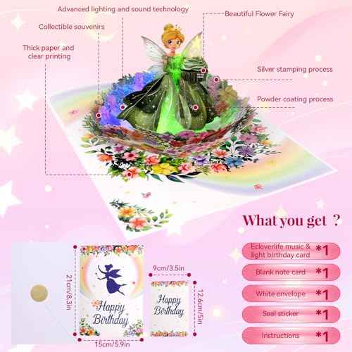 Birthday Card, 3D Pop-Up Birthday Card for Girls, Musical Birthday Card with Colorful Lights, Fairy Birthday Card for Girls, Daughters, and Granddaughters