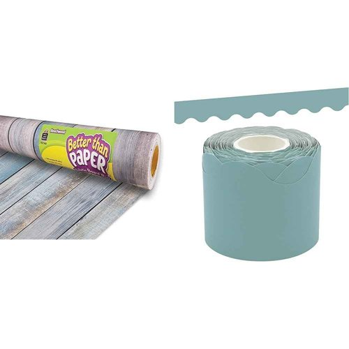 Beachwood Better Than Paper® Bulletin Board Roll, 4 feet x 12 feet & Calming Blue Scalloped Rolled Border Trim (TCR8907)