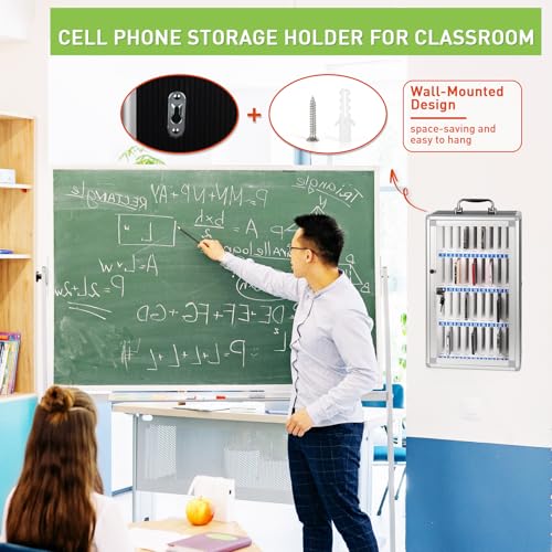 Loghot Aluminum Alloy Pocket Chart Cell Phones Storage Cabinet for Cell Phones,Wall-Mounted with a Locked,Can be Carried by Hand (36 Slots Black)