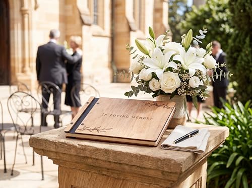 Funeral Guest Book with Signing Pen – Memorial Wooden Guestbook in Cherry Wood