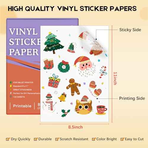 120 Sheets Printable Clear Sticker Paper for Inkjet Printer, Premium Vinyl Transparent Sticker Paper Waterproof, Dries Quickly, Vivid Colors, Tear Resistant, 8.5x11" Labels Great for Cutting Machines