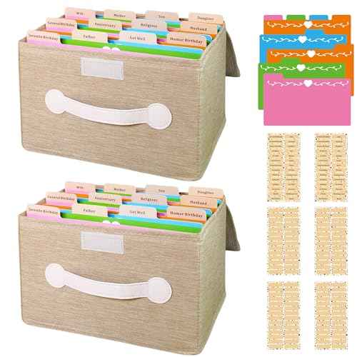 Greeting Card Organizer & Storage Boxes with 16 Pieces Adjustable Dividers, Storing 120+ Cards with 84 Pieces Labels (Khaki - 2 Pack)