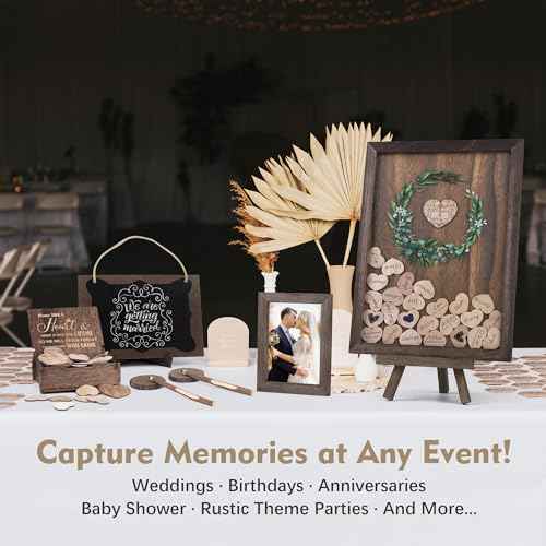 Aodaer Wedding Guest Book Alternative Drop Top Frame Heart Drop Wood Guest Book with Stand 122 Wooden Hearts Pens Box Mini Blackboard Rustic Wedding Decorations for Reception Baby Shower, Brown