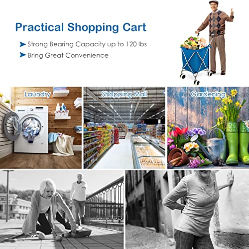 Goplus Folding Shopping Cart with Wheels, Grocery Cart with Removable Oxford Cloth Liner, Lightweight Utility Cart for Groceries Laundry Blue