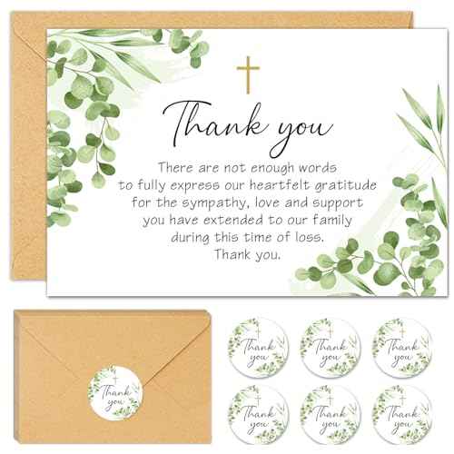 50Pcs Funeral Sympathy Thank You Cards with Envelopes and Matching Seal Stickers, Green Leaf Cross Bereavement Card with Message for Memorial Service Loved Ones Celebration of Life