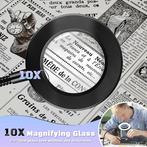 Black 10X LED Lighted Magnifying Glass with Clip & Adjustable Arm