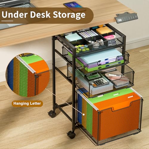 JKsmart Rolling File Cart with 3 Drawers (Black) - Under-Desk Filing Cabinet with DIY Dividers, A4/Letter Size