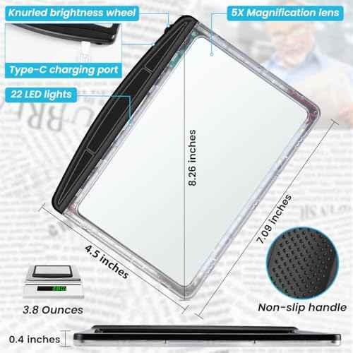 Rechargeable 5X Magnifying Glass for Reading, Large Bright Full Page Magnifier with Light, Handheld LED Dimmable Lighted, Lightweight Book Magnifier for Reading Small Prints Seniors Low Vision