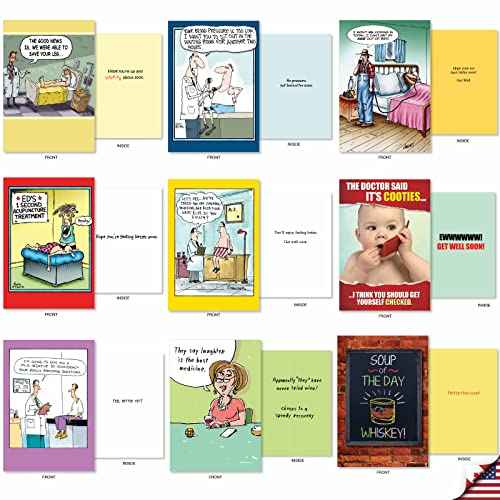 NobleWorks - 36 Assorted Hysterical Get Well Bulk Box Set Greeting Cards Envelopes - Mix Funny Feel Better Variety Pack for Men, Women (36 Designs, 1 Each) - Happy and Healthy AC2798GWG-B1x36